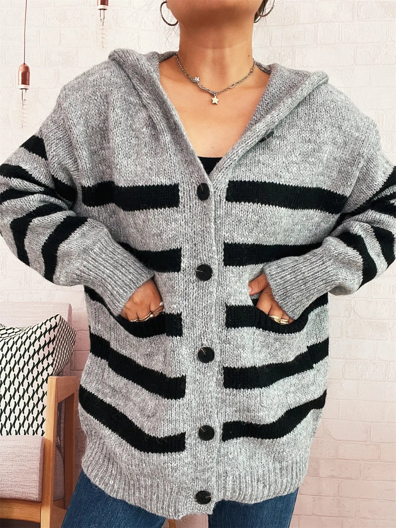 Striped Button-Up Hooded Cardigan