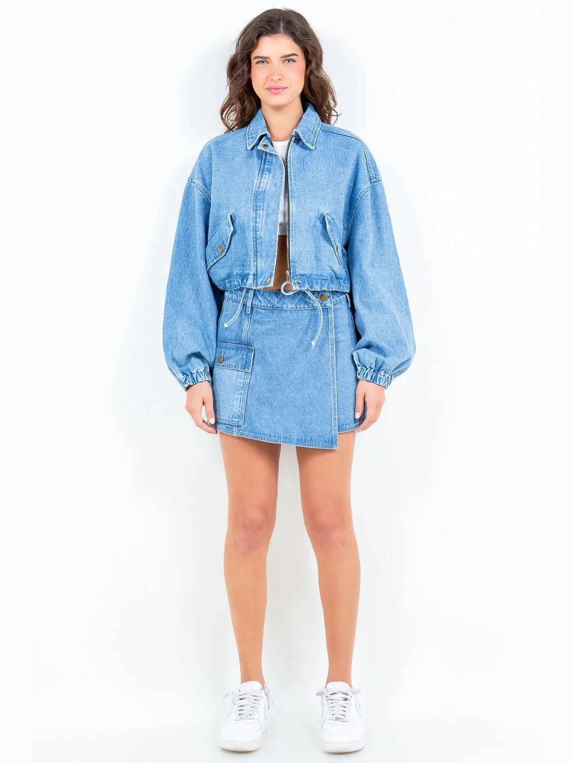 American Bazi Drawstring Waist Crop Denim Jacket nicholesgifts