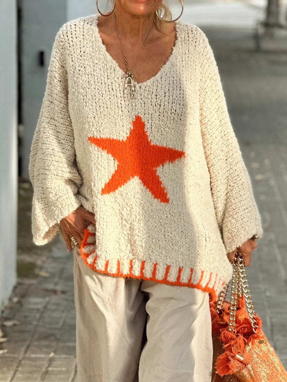 Star V-Neck Long Sleeve Oversize Sweater NicholesGifts