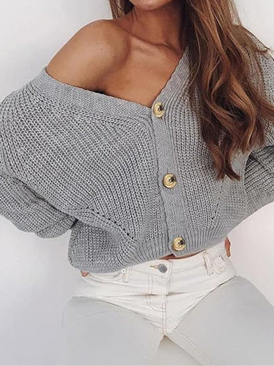 Women Button Up V-Neck Long Sleeve Cardigan Sweater nicholesgifts