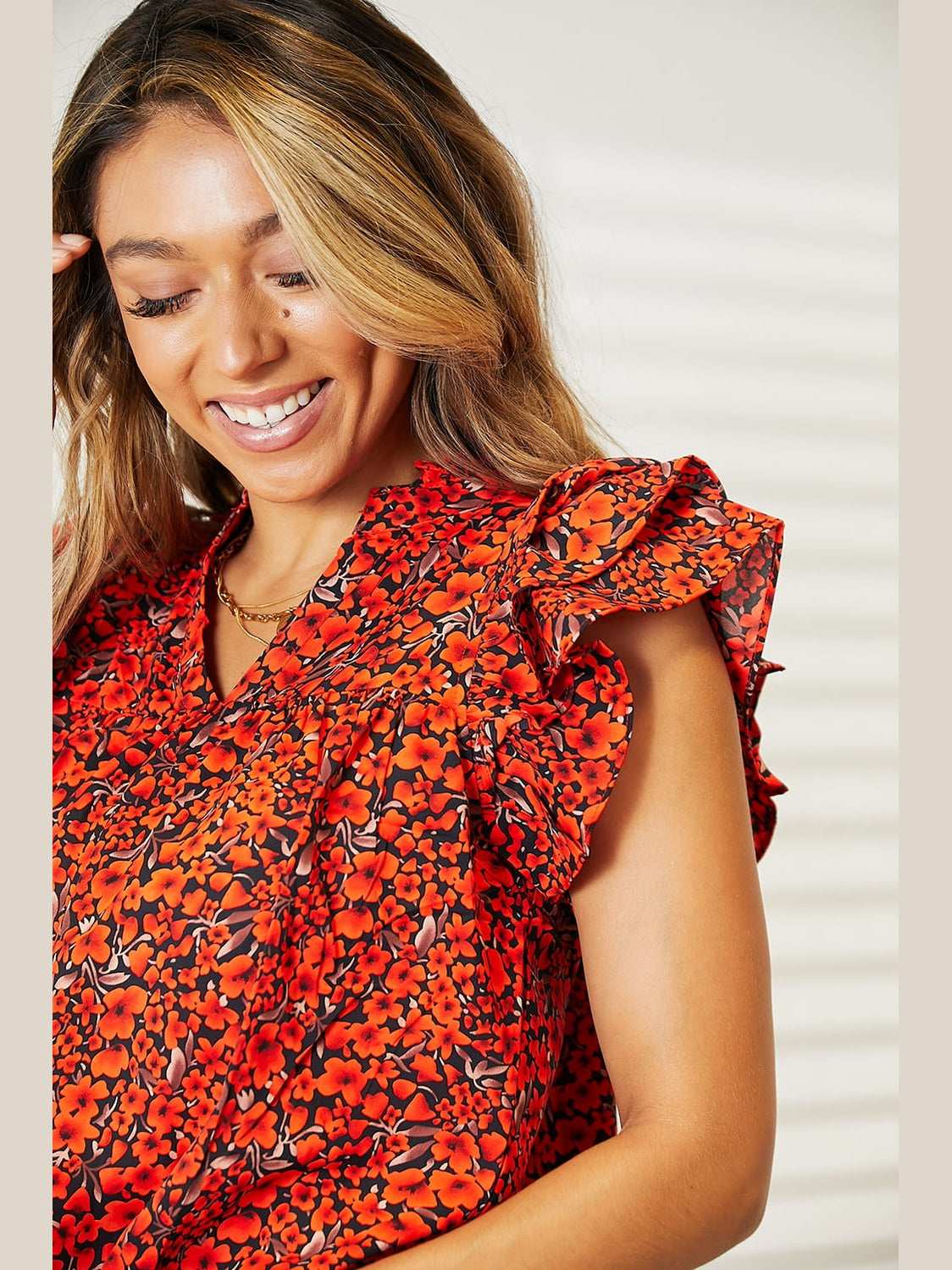 Double Take Floral Flutter Sleeve Notched Neck Blouse NicholesGifts