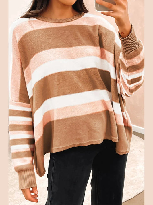 Striped Round Neck Long Sleeve Sweater Trendsi