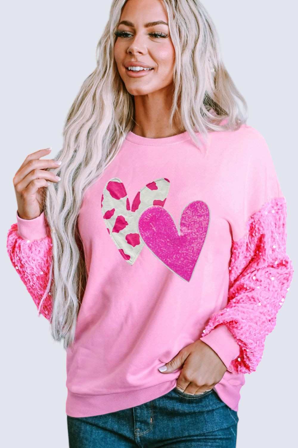 Women Valentine’s Day Sequin Heart Long Sleeve Sweatshirt NicholesGifts