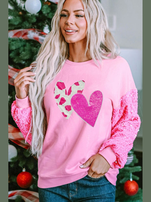 Women Valentine’s Day Sequin Heart Long Sleeve Sweatshirt nicholesgifts