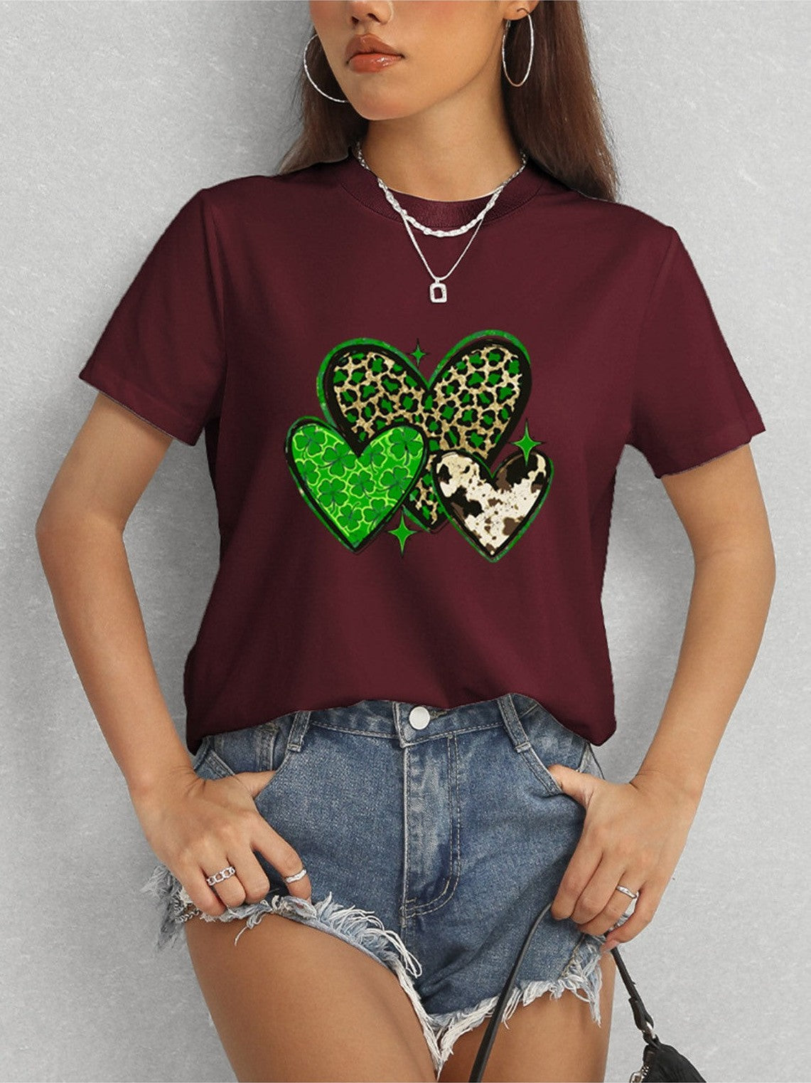 Women Heart Round Neck Short Sleeve T-Shirt