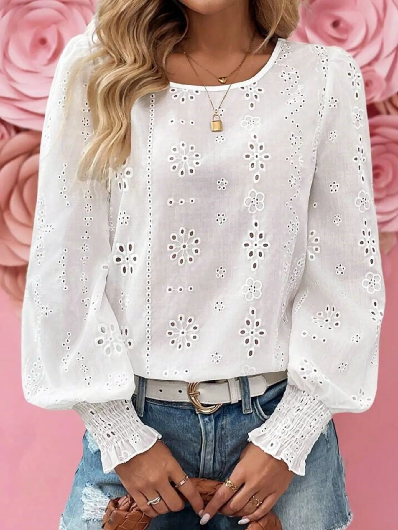 Eyelet Long Sleeve Blouse with Elastic Cuffs NicholesGifts