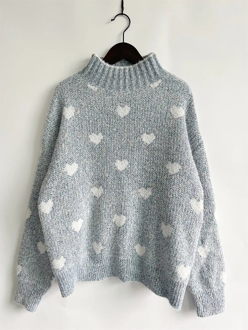 Heart Heathered Turtleneck Drop Shoulder Sweater Trendsi