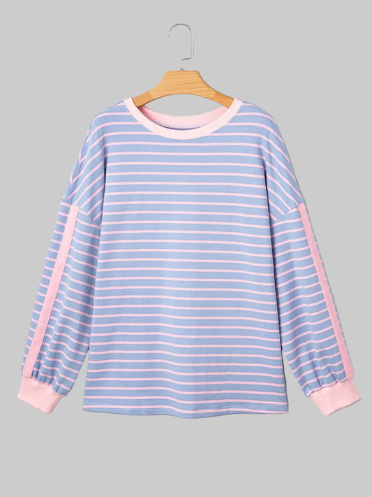 Women Stripe Oversize Contrast Trim Drop Shoulder Sweatshirt nicholesgifts