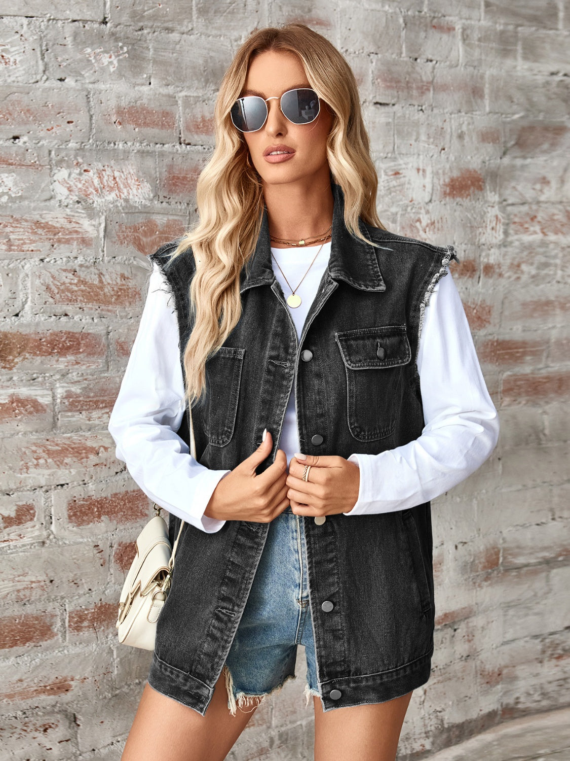 Raw Hem Sleeveless Button Up Denim Jacket nicholesgifts