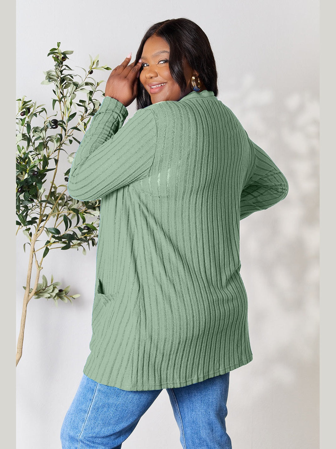 NicholesGifts Women Basic Bae Full Size Ribbed Open Front Cardigan with Pockets NicholesGifts