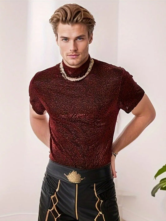 Men's Full Size Glitter Mock Neck Short Sleeve Top Plus Size NicholesGifts