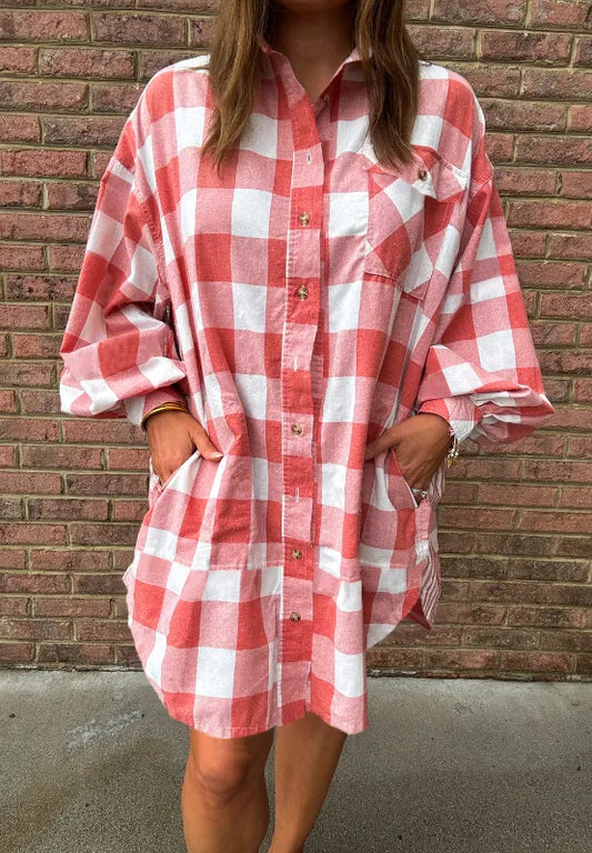 Plaid Collared Neck Long Sleeve Shirt Dress Trendsi