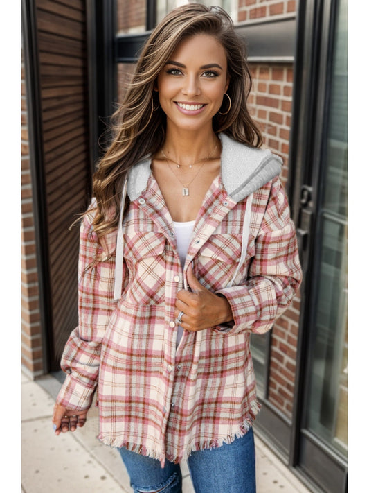Plaid Raw Hem Drawstring Hooded Jacket NicholesGifts