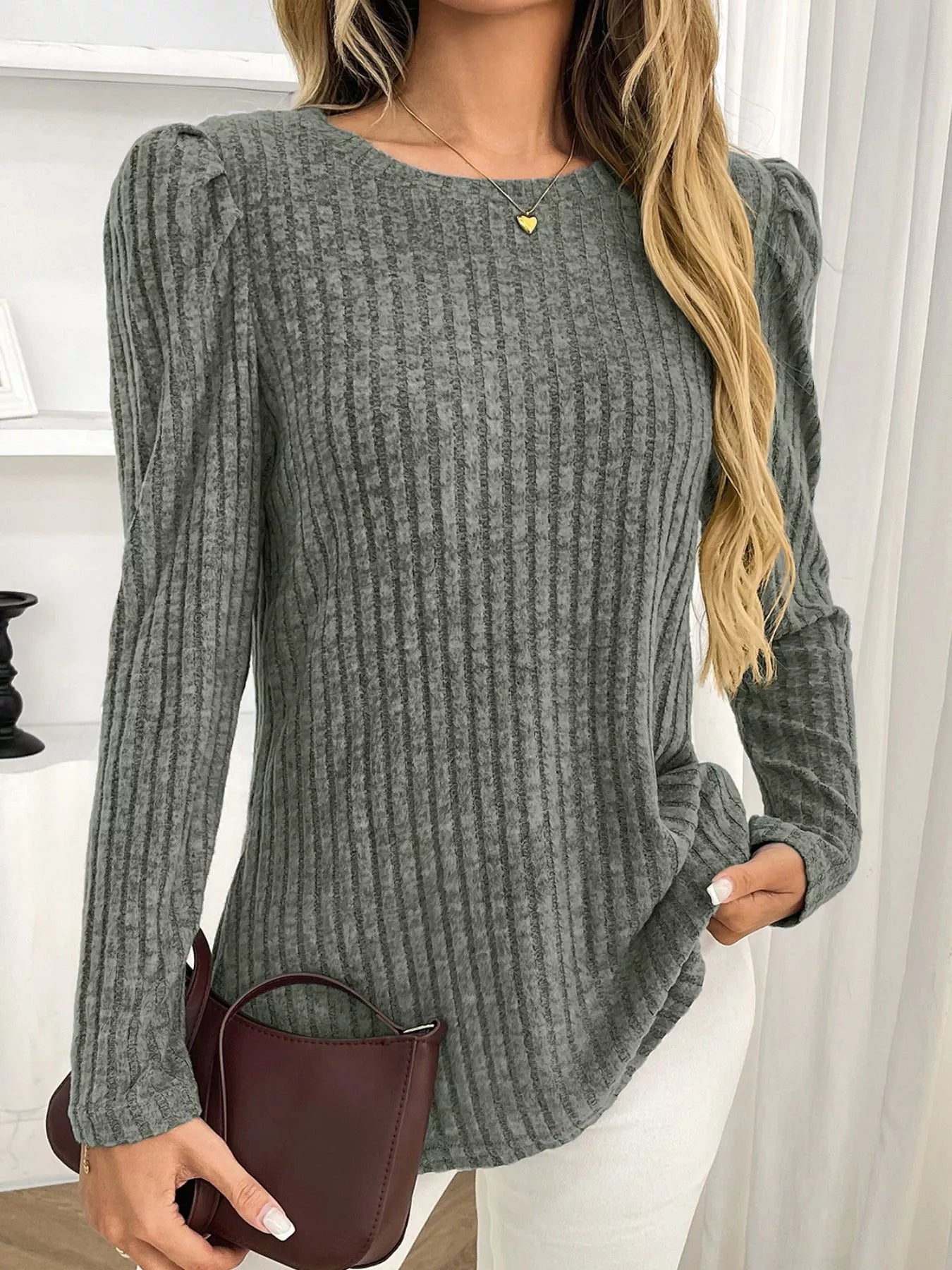 Round Neck Puff Sleeve T-Shirt Trendsi