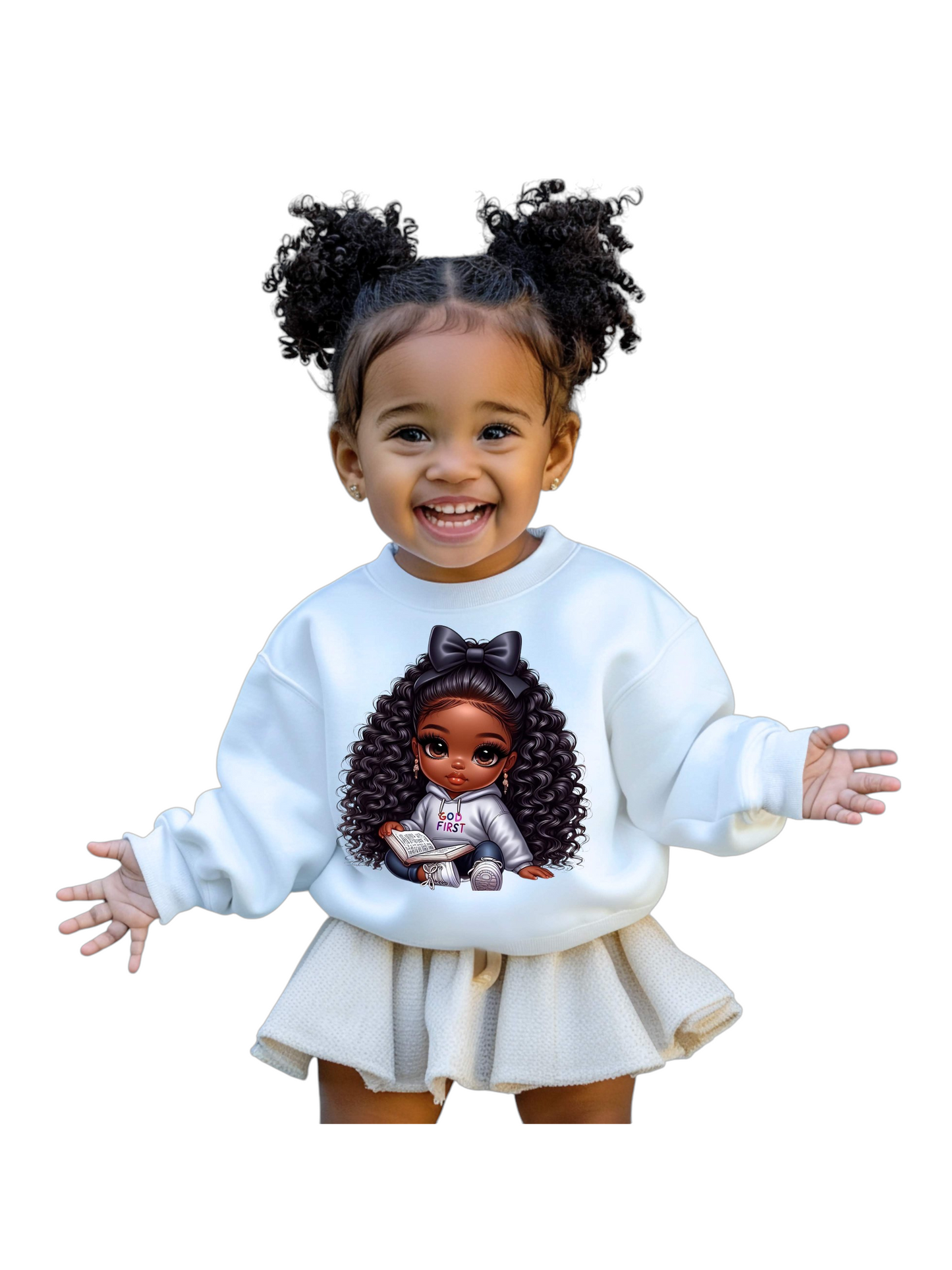 African American Toddler Girls God First Long Sleeve Crewneck Sweatshirt