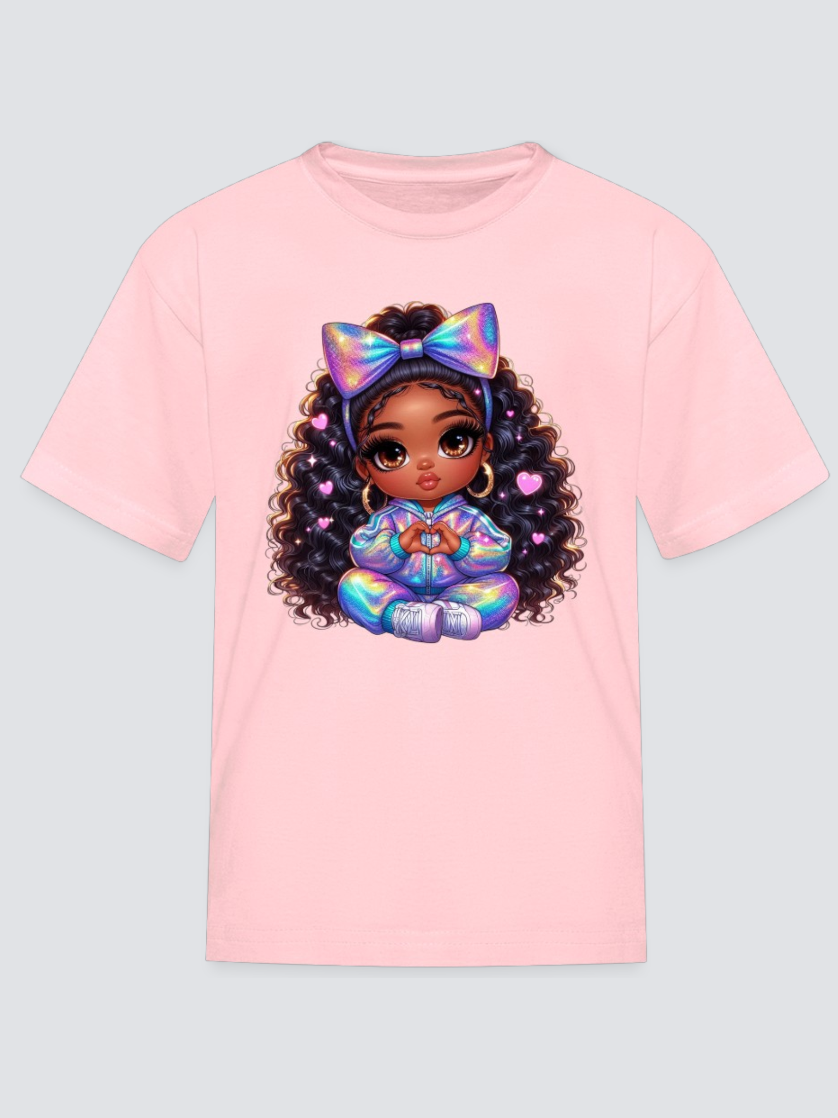 African American Girls Pretty Bow and Hearts Short Sleeve T-Shirt NicholesGifts