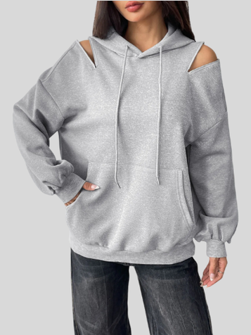 Women Drawstring Zip Detail Cold Shoulder Hoodie NicholesGifts