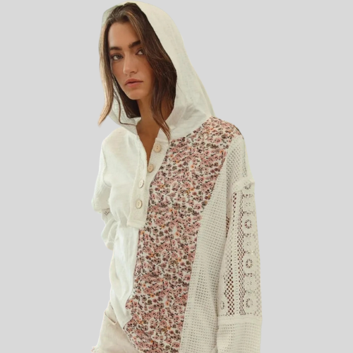 Women BiBi Slub Jersey with Lace Combo Buttoned Hoodie Top NicholesGifts