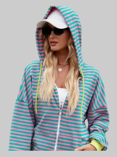 Women Drawstring Striped Zip Up Long Sleeve Hoodie NicholesGifts