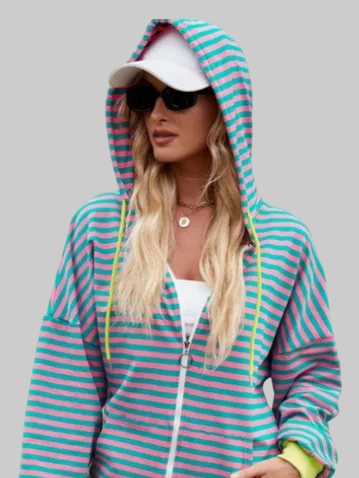 Women Drawstring Striped Zip Up Long Sleeve Hoodie nicholesgifts