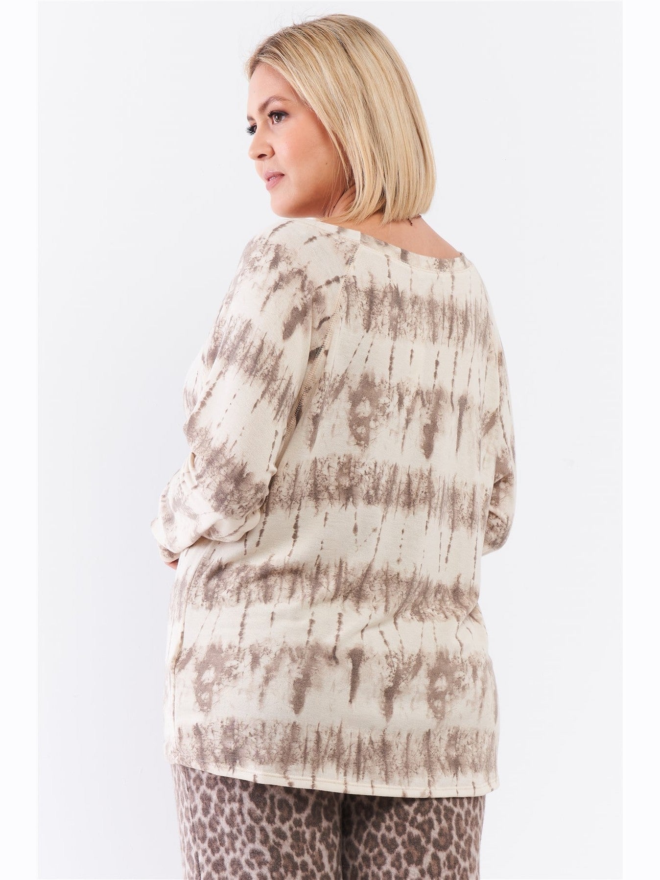 Plus Size Women Ivory Acid Wash Print Bateau Neck Relaxed Fit Long Sleeve Top