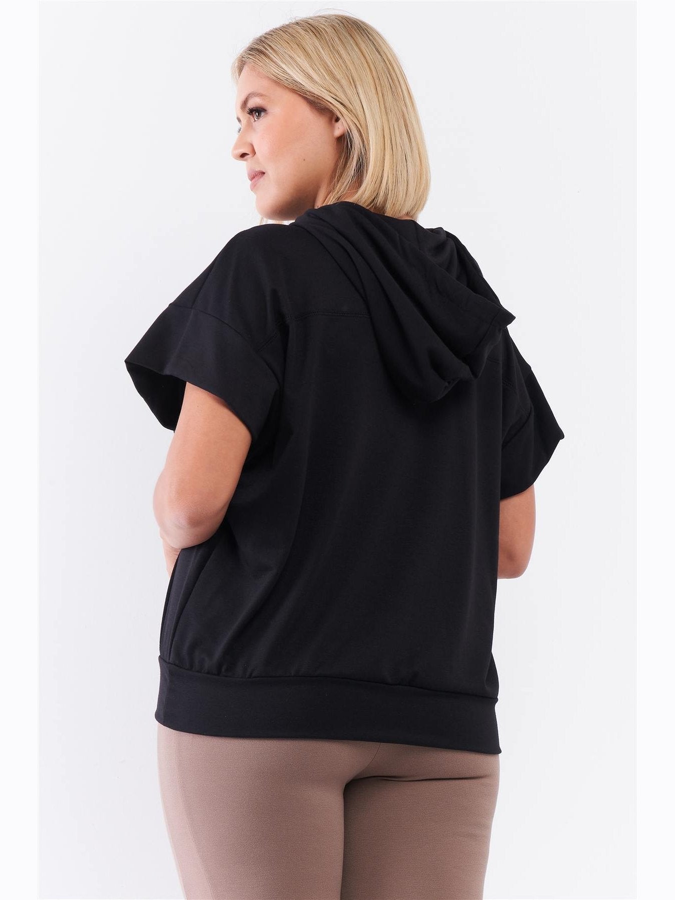 NicholesGifts Plus Size Women Black Short Wing Sleeve Relaxed Fit White Draw String Tie Hood Detail Top NicholesGifts