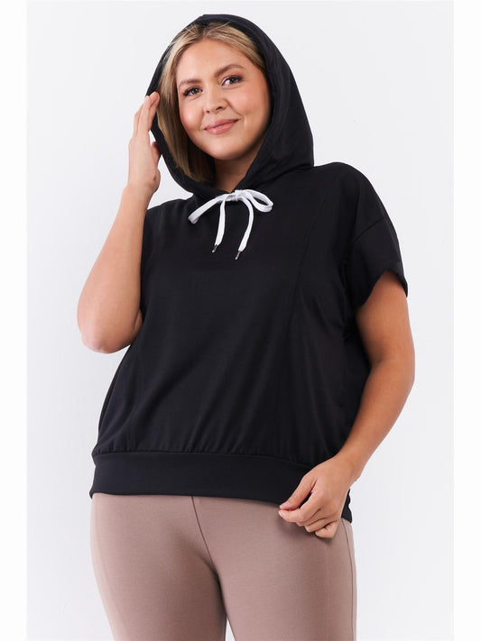NicholesGifts Plus Size Women Black Short Wing Sleeve Relaxed Fit White Draw String Tie Hood Detail Top NicholesGifts