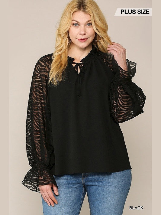 Plus Size Women Zebra Burnout Sleeve Ruffled Neck Bubble Crepe Blouse