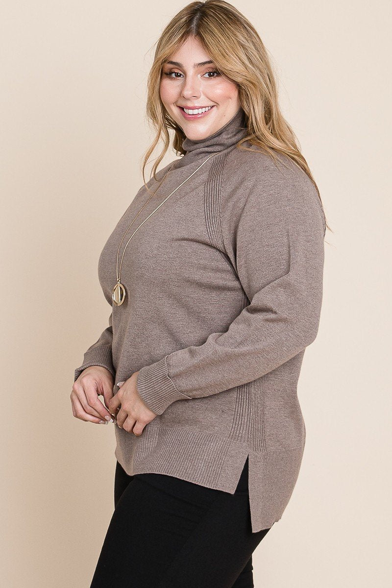 Plus Size High Quality Buttery Soft Solid Knit Turtleneck Two Tone High Low Hem Sweater nicholesgifts