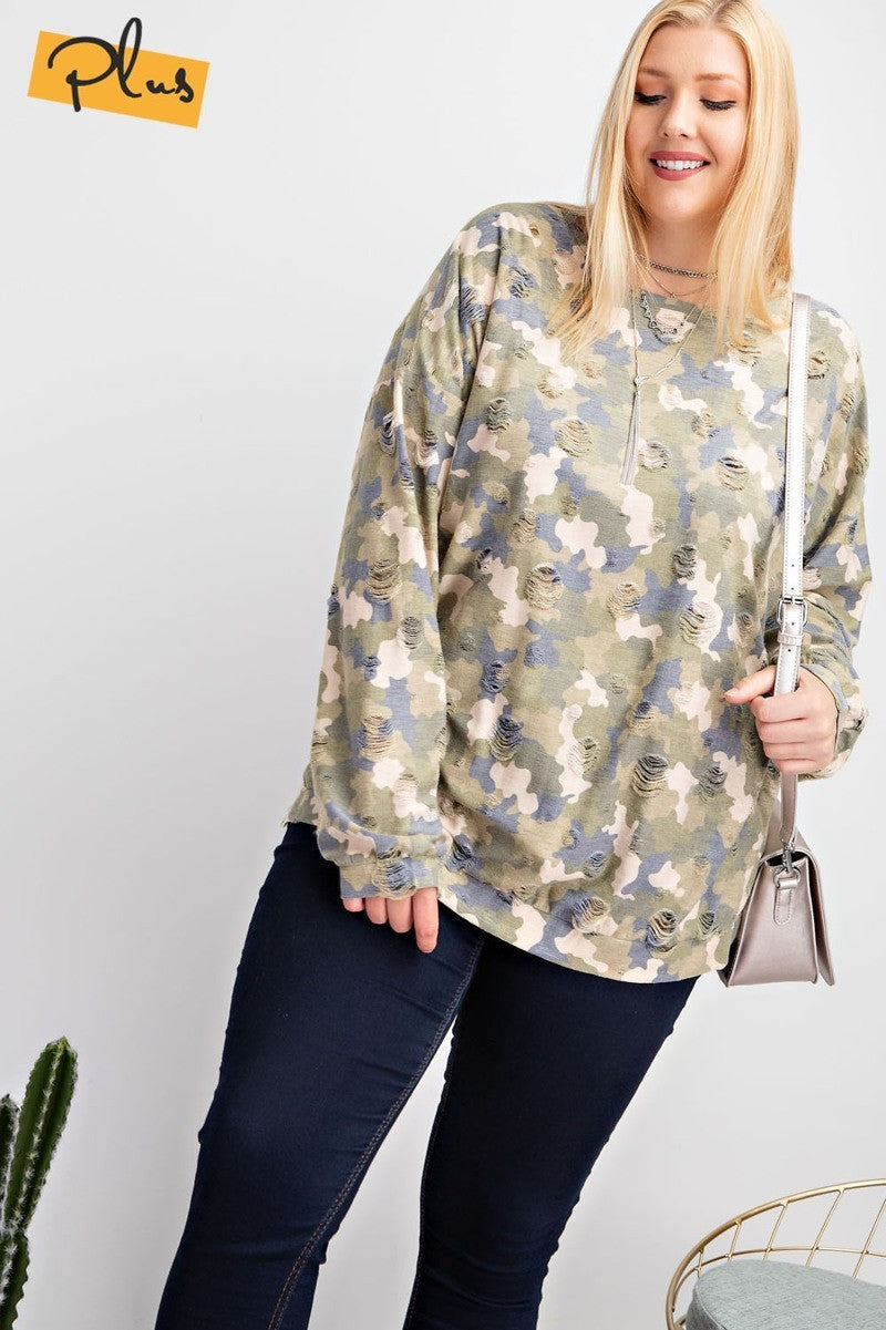 Plus Size Long Sleeve Distressed Printed Rayon Pullover Top NicholesGifts