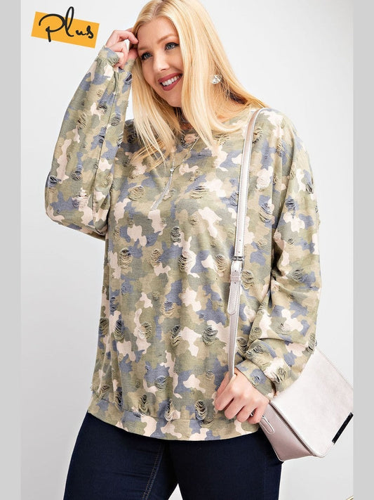 Plus Size Long Sleeve Distressed Printed Rayon Pullover Top nicholesgifts