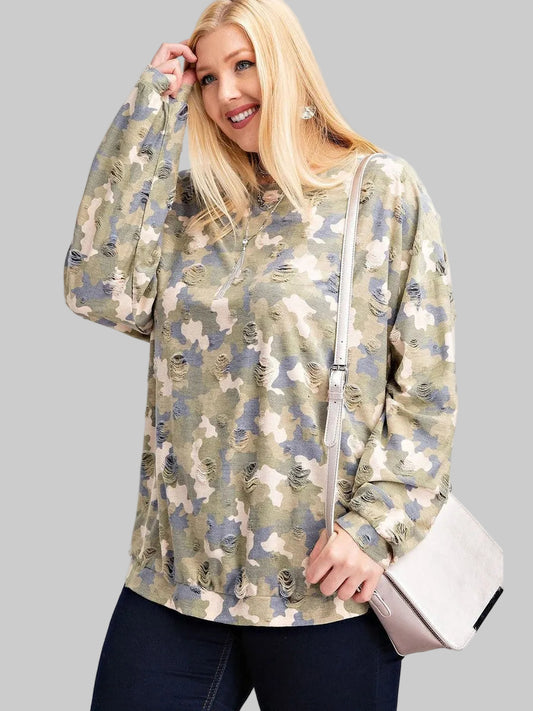 Plus Size Long Sleeve Distressed Printed Rayon Pullover Top nicholesgifts