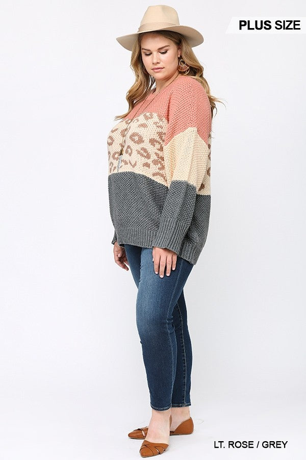 NicholesGifts Women Color Block And Leopard Pattern Mixed Pullover Sweater NicholesGifts