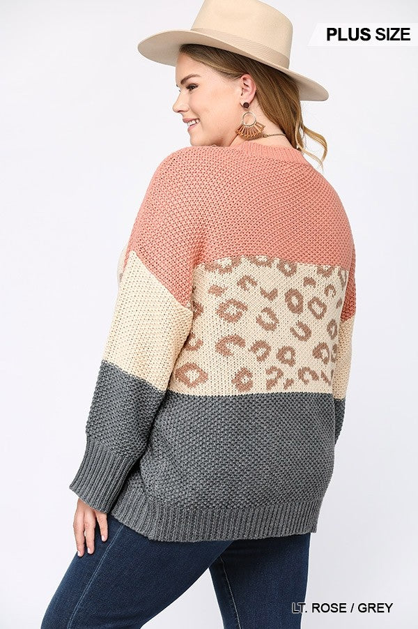 NicholesGifts Women Color Block And Leopard Pattern Mixed Pullover Sweater NicholesGifts