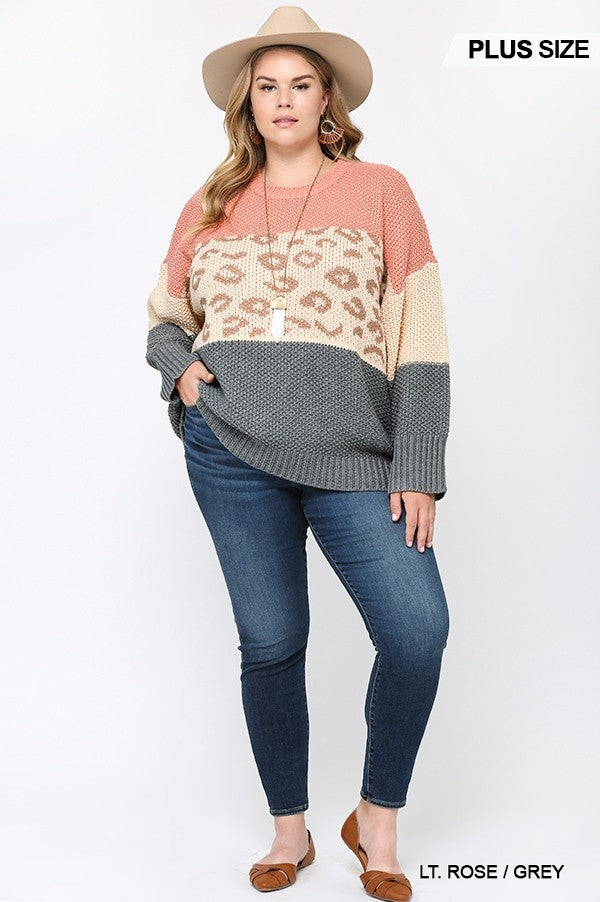 NicholesGifts Women Color Block And Leopard Pattern Mixed Pullover Sweater NicholesGifts