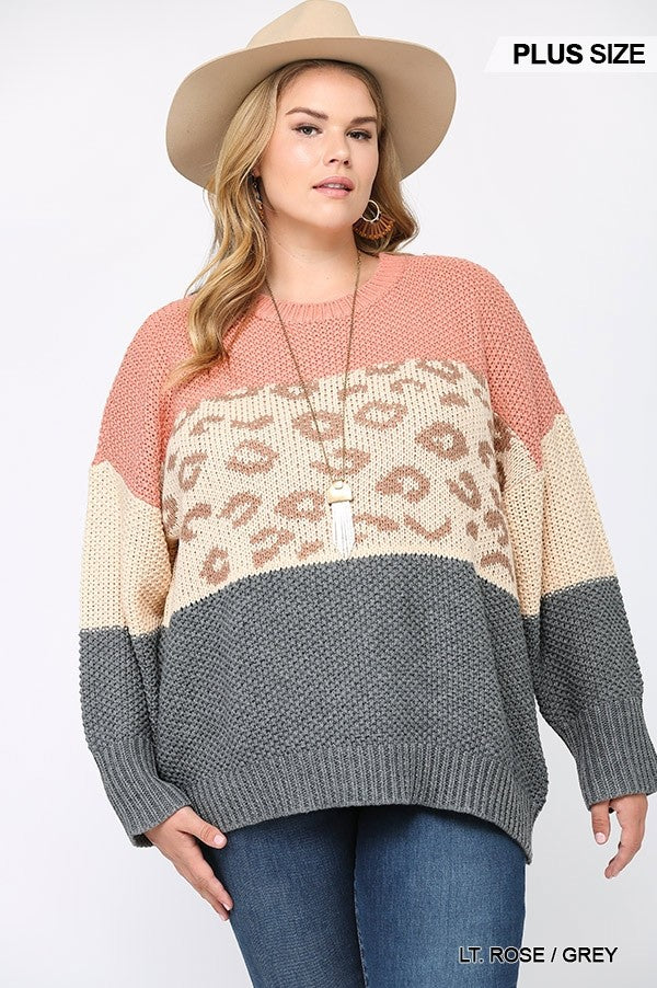 NicholesGifts Women Color Block And Leopard Pattern Mixed Pullover Sweater NicholesGifts