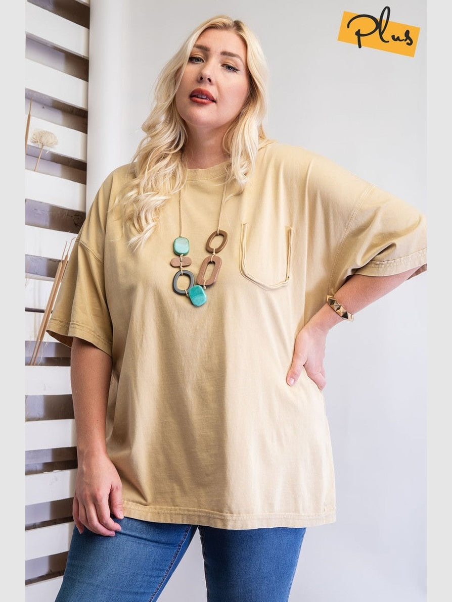 Plus Size Women Mineral Washed Cotton Jersey Boxy Tunic Short Sleeve Shirt