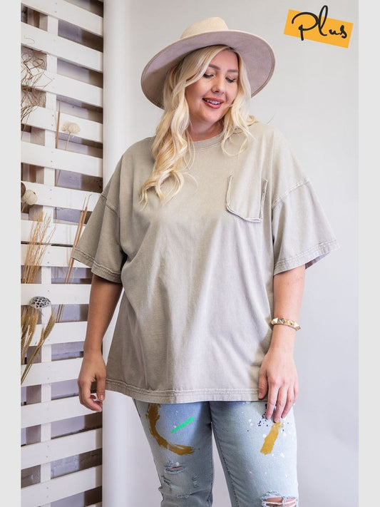 Plus Size Women Mineral Washed Cotton Jersey Boxy Tunic Short Sleeve Shirt