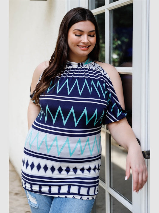 Plus Size Women Polka Dot Cold Shoulder Short Sleeve Top