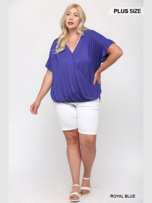 Plus Size Women Solid Purple Knit Surplice Top With Ruffle Sleeve nicholesgifts