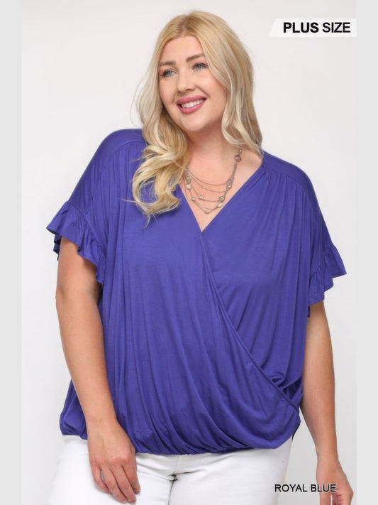 Plus Size Women Solid Purple Knit Surplice Top With Ruffle Sleeve NicholesGifts