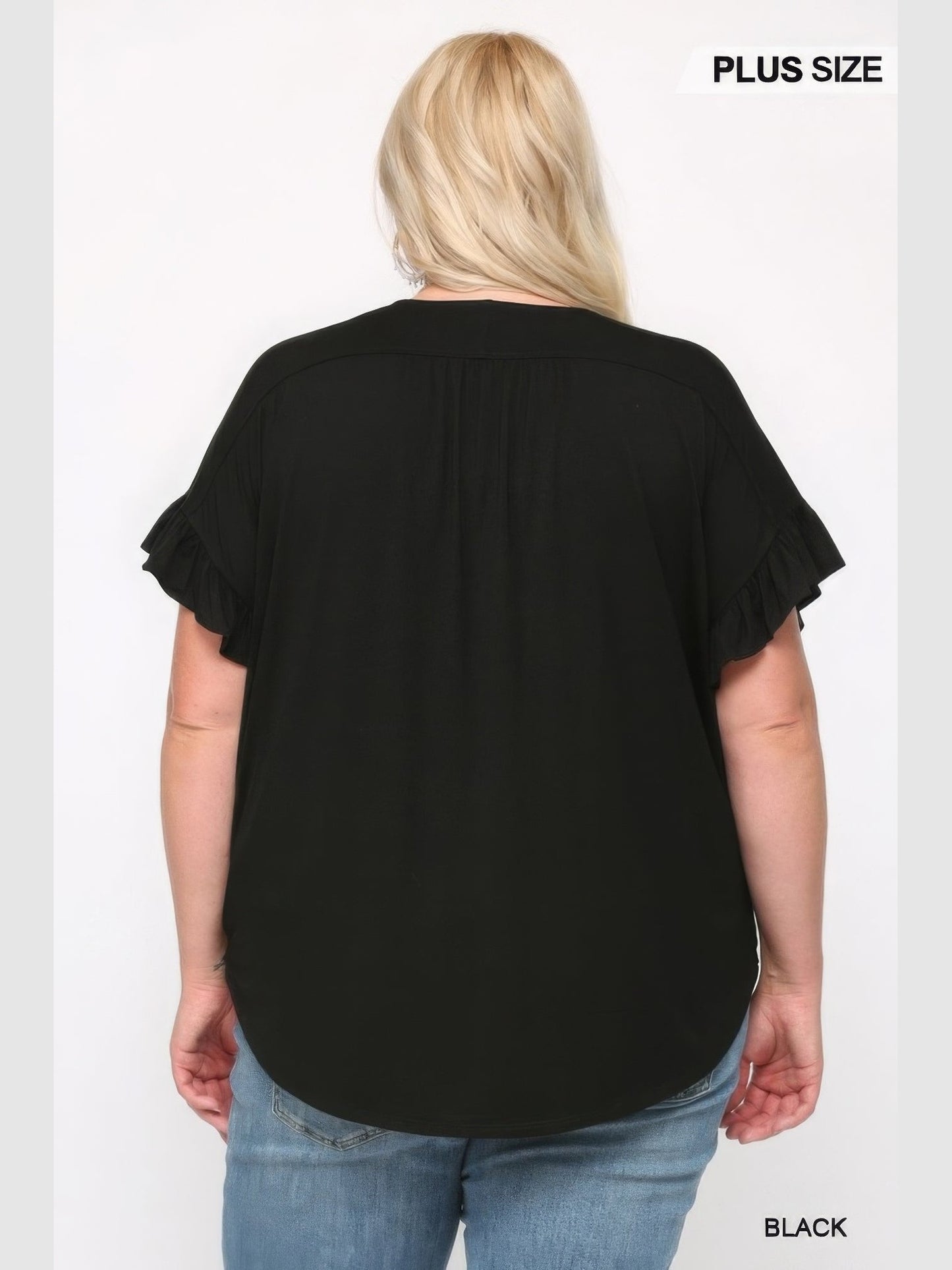Plus Size Women Solid Black Knit Surplice Top With Ruffle Sleeve NicholesGifts