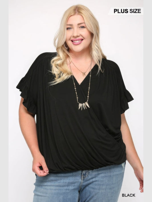 Plus Size Women Solid Black Knit Surplice Top With Ruffle Sleeve NicholesGifts