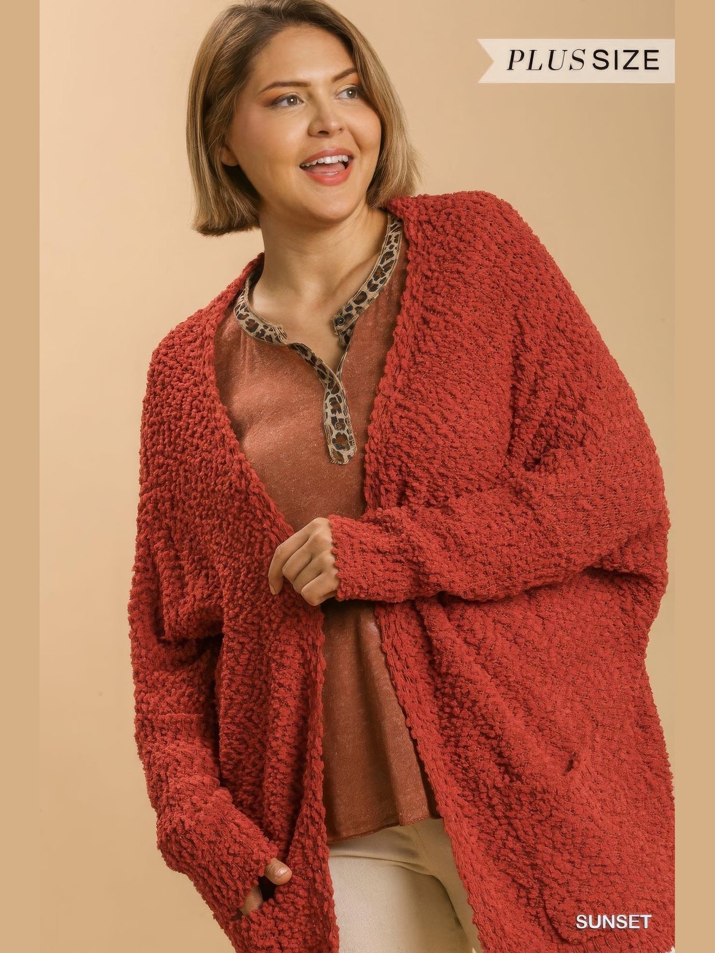 Plus Size Women Open Front Oversized Cardigan Sweater With Pockets