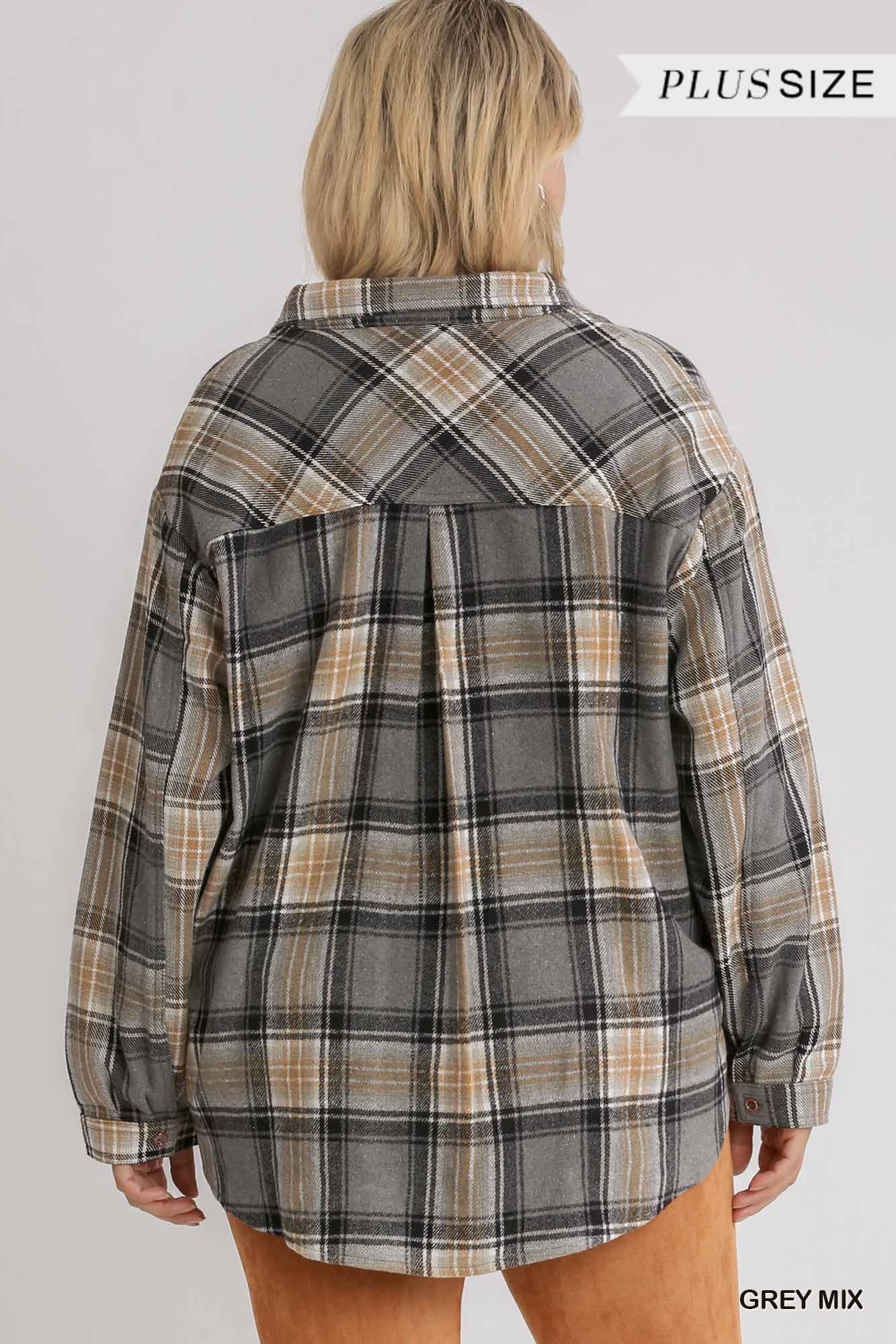 Women Plaid Collar Button Down Overshirt With Front Pockets NicholesGifts
