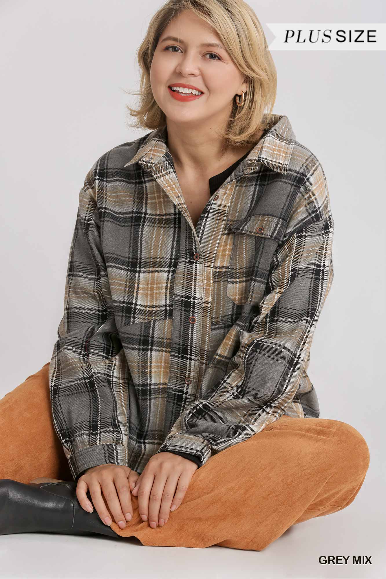 Women Plaid Collar Button Down Overshirt With Front Pockets NicholesGifts