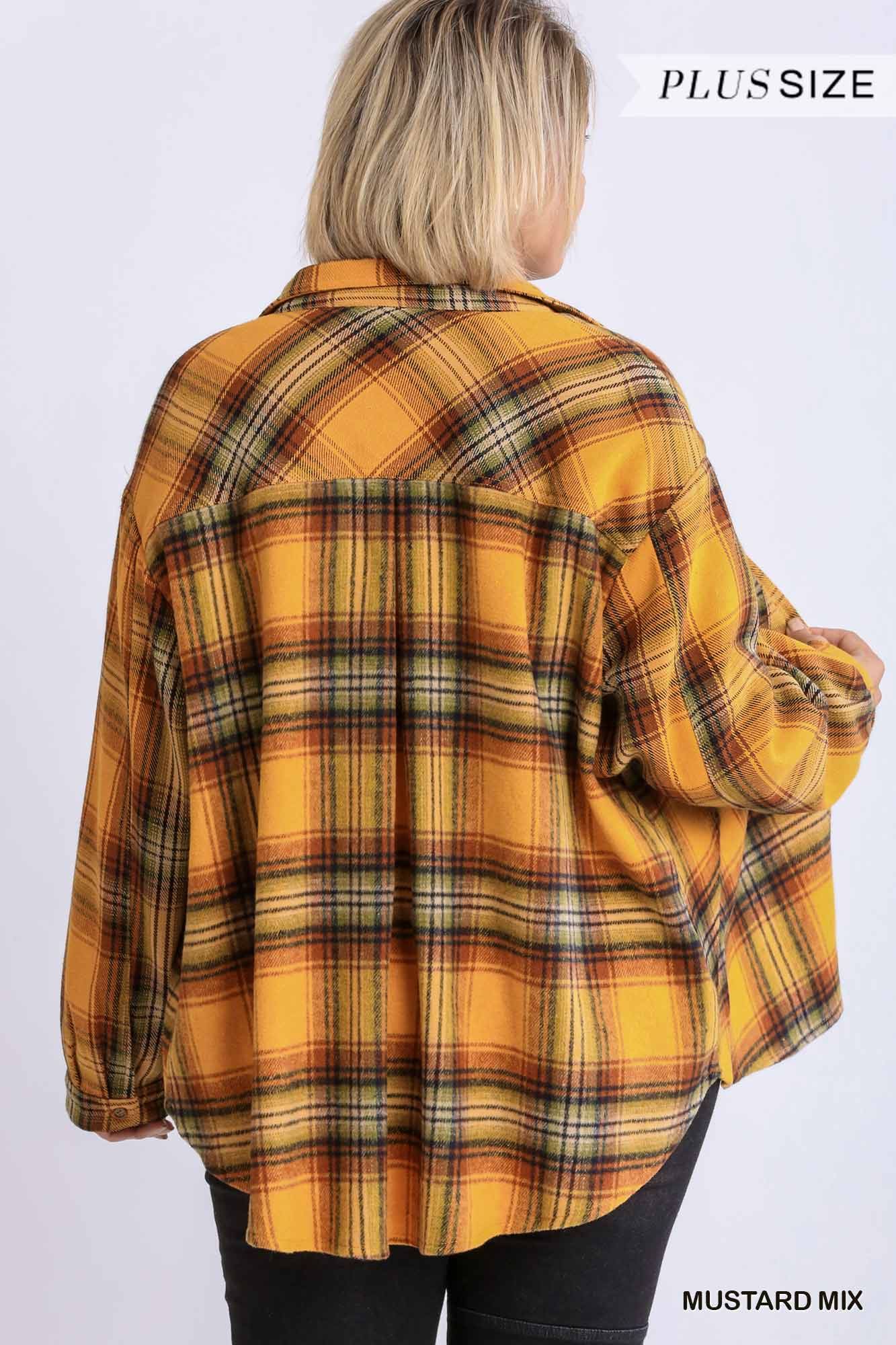 Women Plaid Collar Button Down Overshirt With Front Pockets NicholesGifts