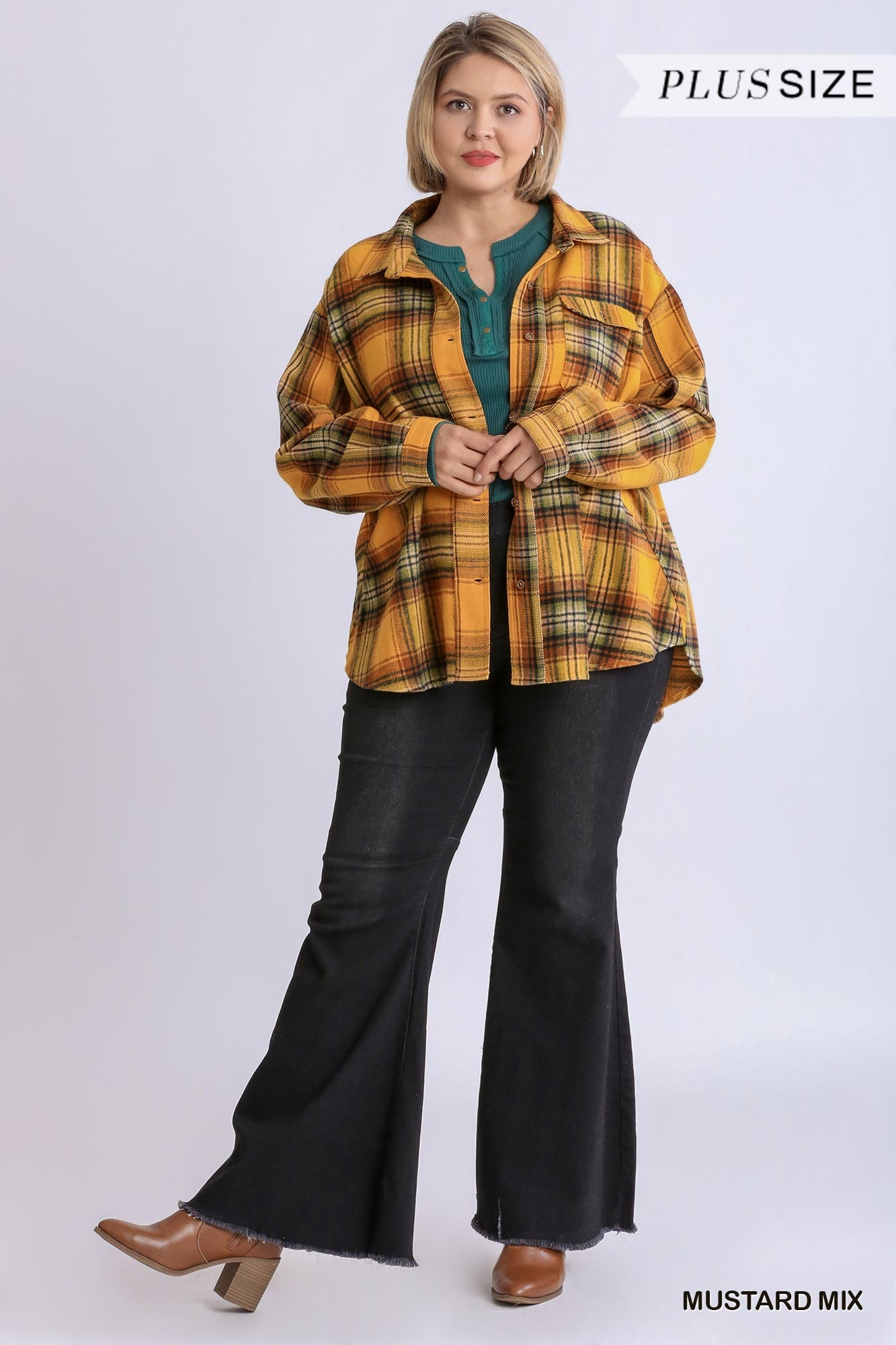 Women Plaid Collar Button Down Overshirt With Front Pockets NicholesGifts