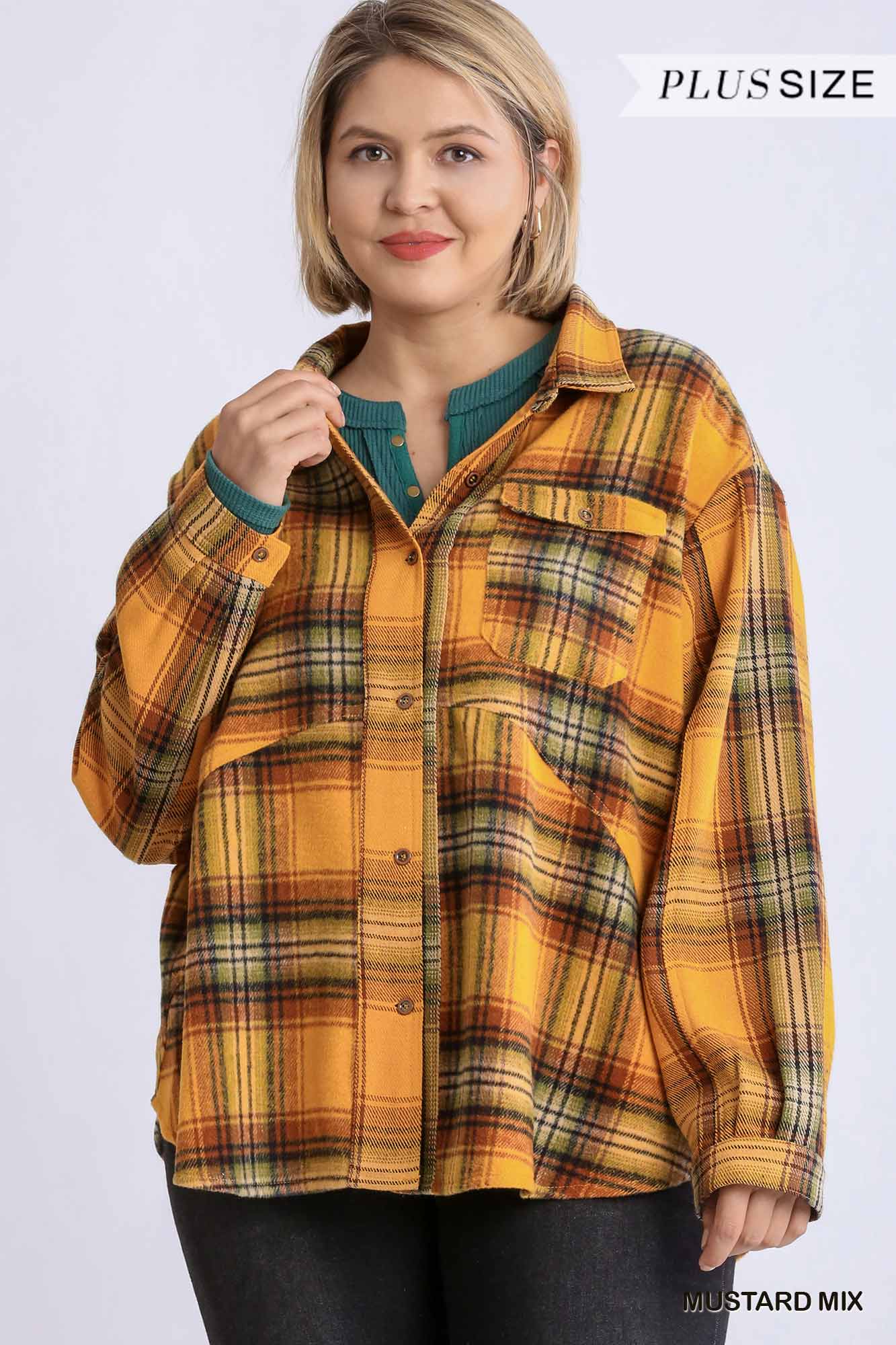 Women Plaid Collar Button Down Overshirt With Front Pockets NicholesGifts