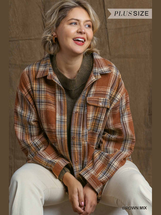 Women Plaid Collar Button Down Overshirt With Front Pockets